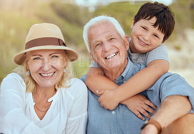 Buy stock photo Family, portrait of grandparents or happy boy at beach for summer fun, bonding or support in nature. Seniors, young child or smile with hug for care, relationship development and trust in Australia