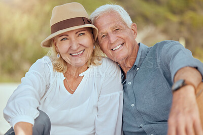 Buy stock photo Portrait, outdoor and senior couple with love, smile and retirement with vacation, getaway trip and travel. Face, old man and mature woman in park, holiday and romance with care, happiness and break