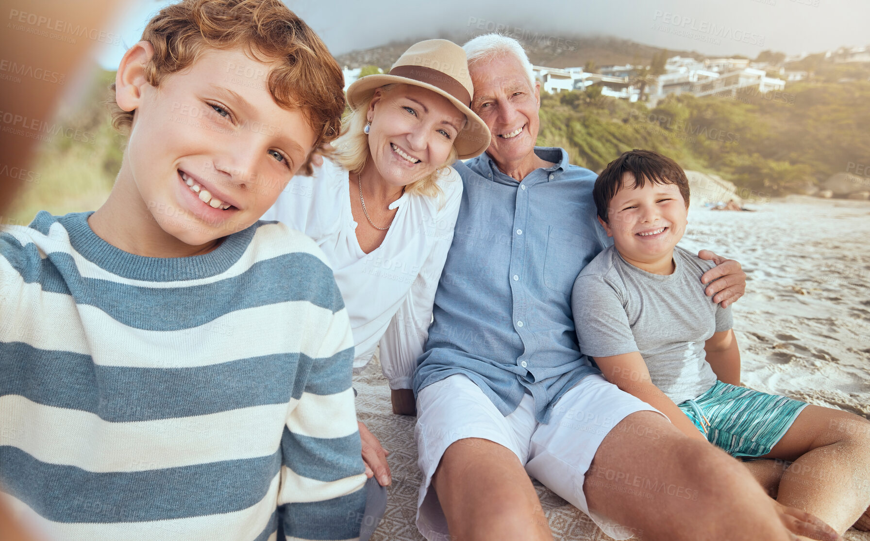 Buy stock photo Selfie, grandparents and beach portrait with children and family with travel, trip and smile. Online, love and bonding on holiday with profile picture for social media with happy people in Miami 