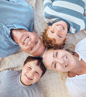 Buy stock photo Above, grandparents and smile with boys on floor on visit for school break, fun and playing. People, home and kids on portrait as babysitter or pensioner on retirement with bonding, support and care