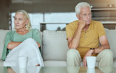 Buy stock photo Mature couple, home and sad with argument on sofa with conflict, disagreement and fight. People, relationship and stress or angry for divorce with marriage problems, cheating and toxic or unhappy