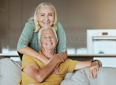 Buy stock photo Mature, couple and hug with portrait on sofa for commitment, relationship connection and bonding with love. Man, woman and together in house with affection, embrace and happiness for romance.