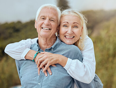 Buy stock photo Mature, couple and hug with portrait in nature with love, support and trust with commitment for relationship. Man, woman and together outdoor with romance or connection, care and happy with embrace.