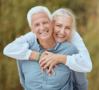 Buy stock photo Mature, couple and hug with portrait outdoor with love, support and trust with commitment for relationship. Man, woman and together in nature with romance or connection, care and happy with embrace.