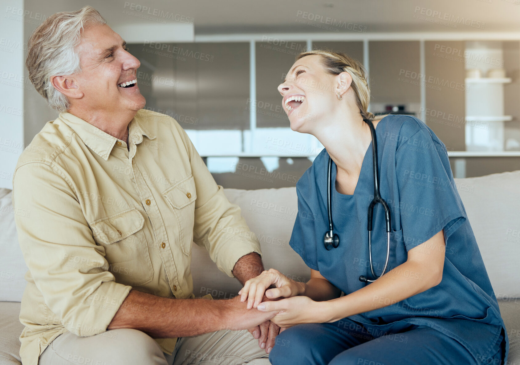 Buy stock photo Healthcare, laughing or visit with nurse and old man on sofa in retirement home living room for comedy. Conversation, medical or relax with elderly patient and woman caregiver in apartment together