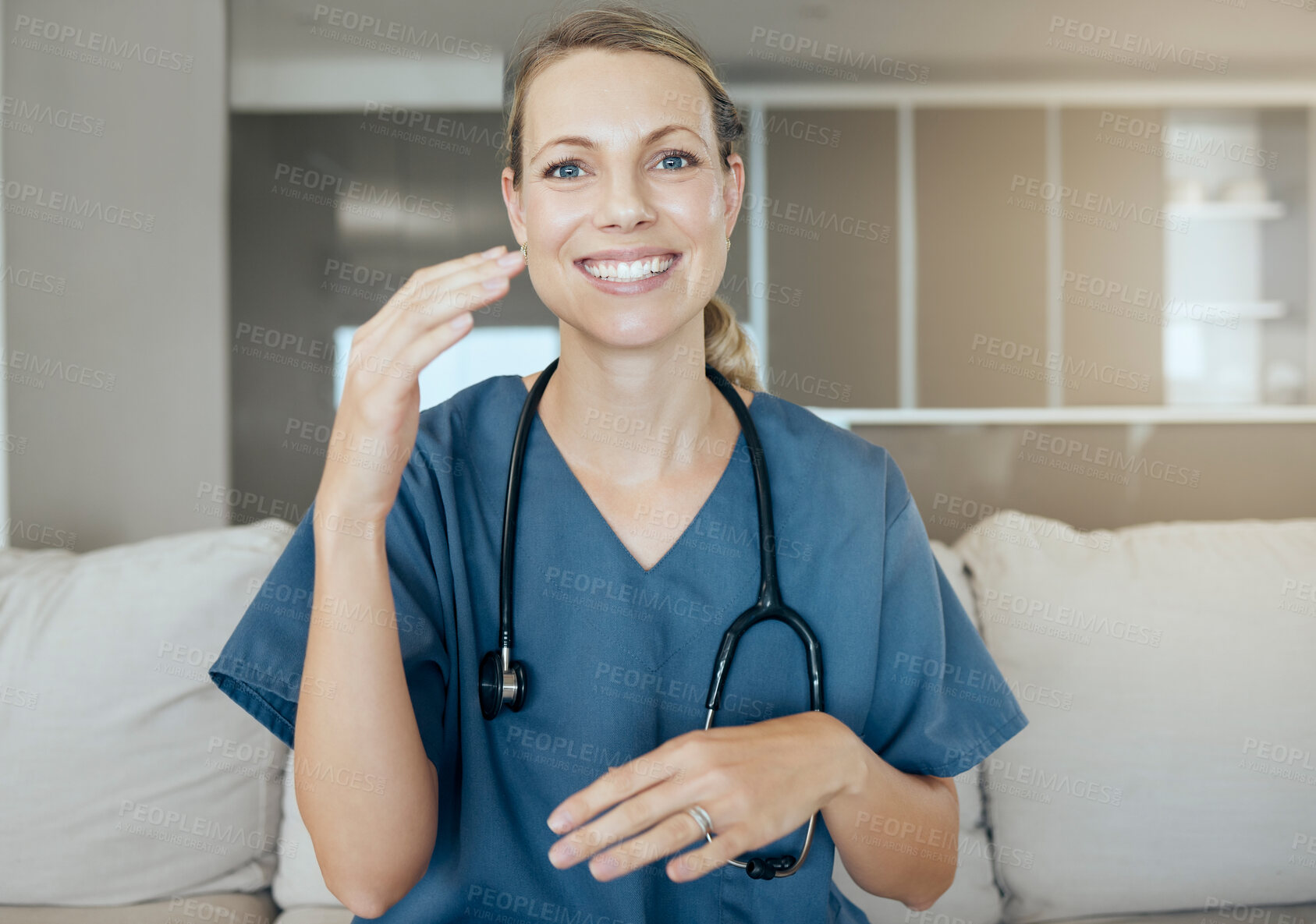 Buy stock photo Video call, woman and portrait of doctor in home for telehealth consultation with medical help. Smile, communication and virtual female healthcare worker with online appointment discussion for advice