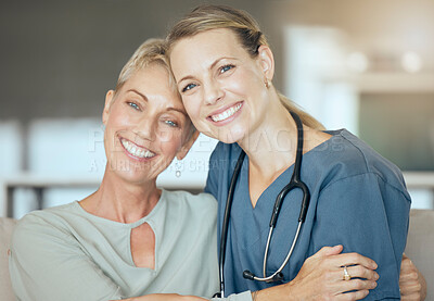 Buy stock photo Hug, portrait or smile with nurse and old woman on sofa in living room of retirement home for healthcare. Medical, relax or support with senior patient and caregiver embracing in apartment together