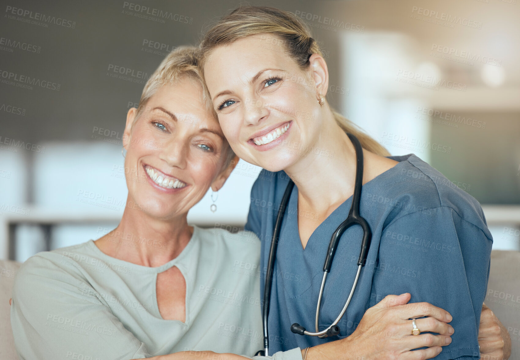 Buy stock photo Hug, portrait or smile with nurse and old woman on sofa in living room of retirement home for healthcare. Medical, relax or support with senior patient and caregiver embracing in apartment together