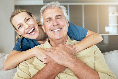 Buy stock photo Hug, portrait or smile with nurse and old man on sofa in living room of retirement home for healthcare. Love, medical or relax with senior patient and woman caregiver embracing in apartment together