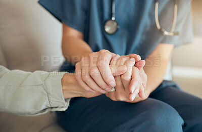 Buy stock photo Senior care, woman and nurse or hand holding for comfort, assisted living and nursing home or retirement support. Caregiver, elderly patient and professional, illness management and wellness service