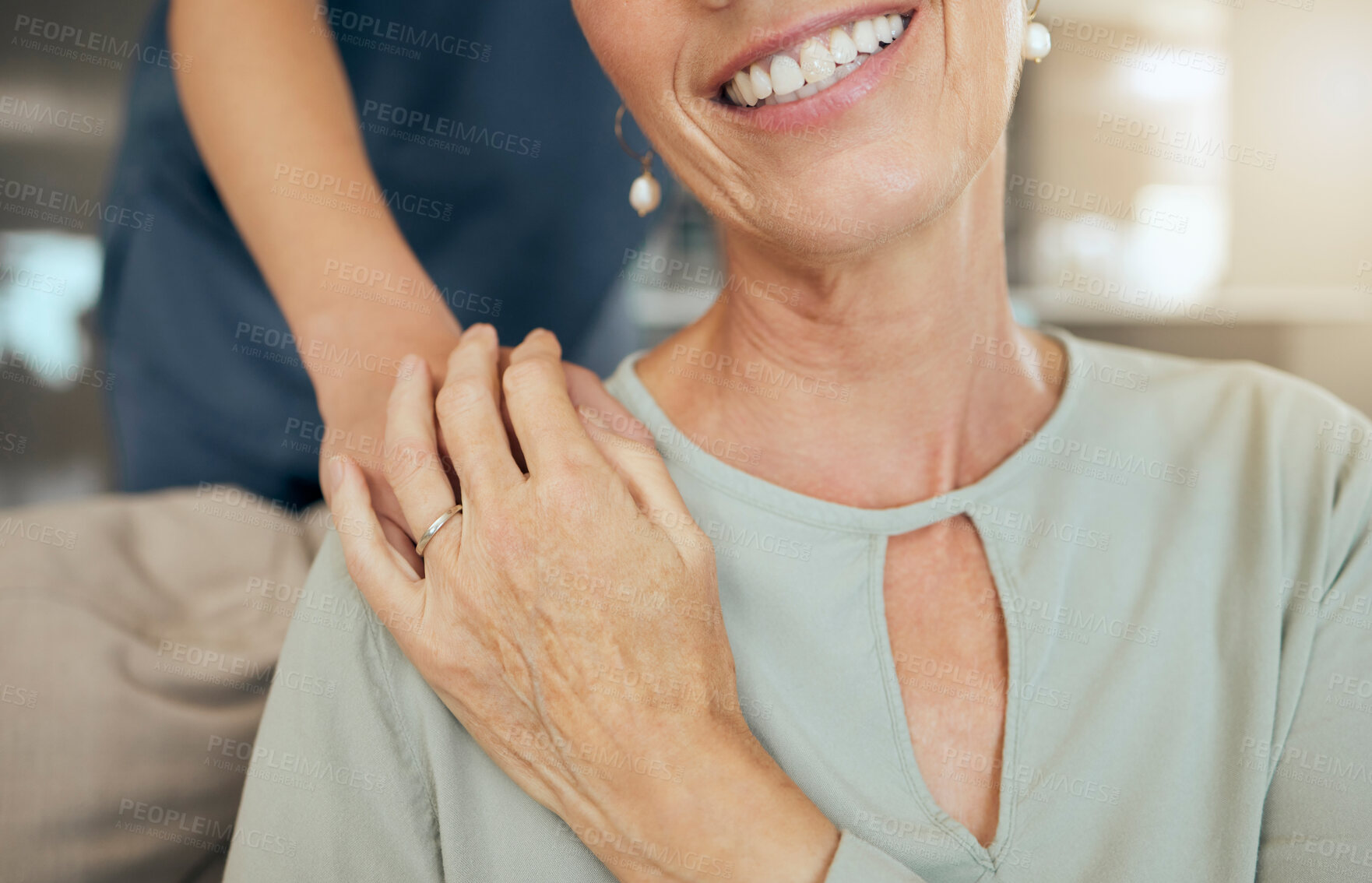 Buy stock photo Elderly care, nurse and shoulder comfort with hand, assisted living and nursing home or retirement trust. Caregiver, senior patient and professional, illness management and wellness service in house