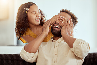 Buy stock photo Father, girl and playing with eyes cover for fun game, bonding or hide and seek activity on sofa in home. Happy family, man and daughter with hand on face with trust, support and laughing with love