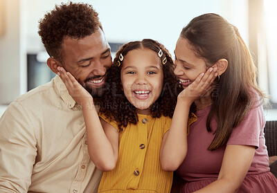 Buy stock photo Portrait, young girl and parents for love, support and childcare with trust, together and happy in bonding. Affection, woman and daughter with man in embrace, connection and comfort as family in home