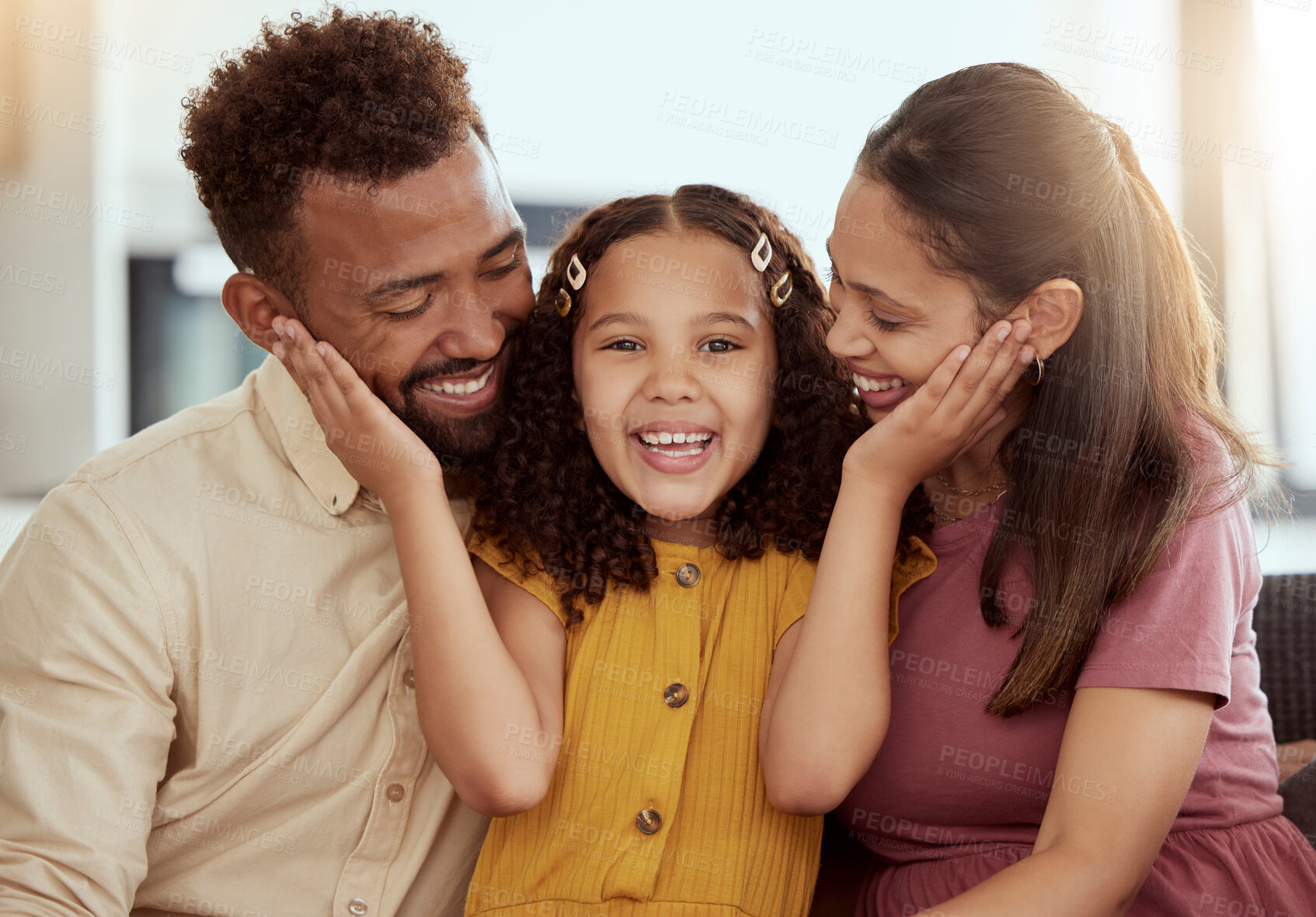 Buy stock photo Portrait, young girl and parents for love, support and childcare with trust, together and happy in bonding. Affection, woman and daughter with man in embrace, connection and comfort as family in home