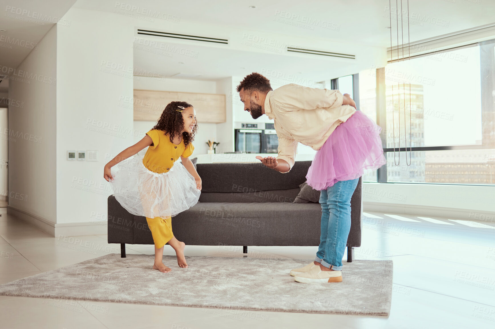 Buy stock photo Child, dad and creativity in lounge for games, development and together for care or trust. Father or man, fantasy and happy or dancing in living room or house for cosplay and love or smile for family