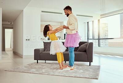 Buy stock photo Learning, child and dancing in lounge with dad, development and together or growth for trust. Father or kid, games and happy or support in living room or house for cosplay and love or smile for girl