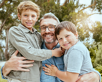 Buy stock photo Dad, children and portrait with smile in park for outdoor adventure, bonding and summer holiday. Happy, man and father with son in nature by trees for love, support and vacation together in Finland