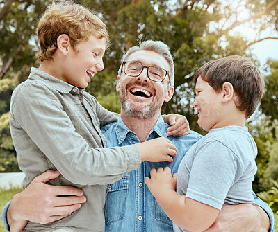 Buy stock photo Dad, children and smile with laughing in park for outdoor adventure, humor or summer holiday together. Happy, man and father with son in nature by trees for funny joke, support or vacation in Finland