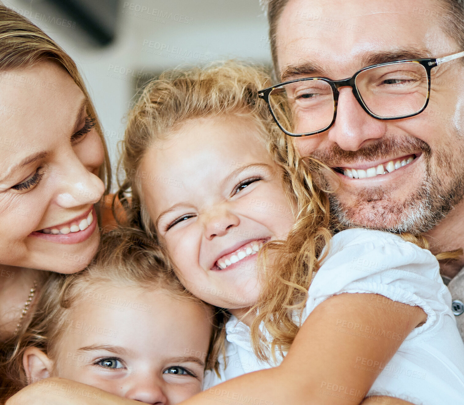 Buy stock photo Happy, family and and portrait in lounge parents and bonding with hug for daughter, girls and fun. Home, kids and mom in living room, woman and man with child, smile and embrace for care and love