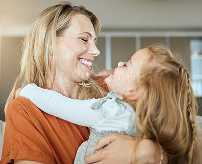 Buy stock photo Hug, daughter and and mom in lounge, happy and bonding with love for girl, family and care. Home, kid and mother in living room, woman and child with embrace for youth, smile and parent with comfort