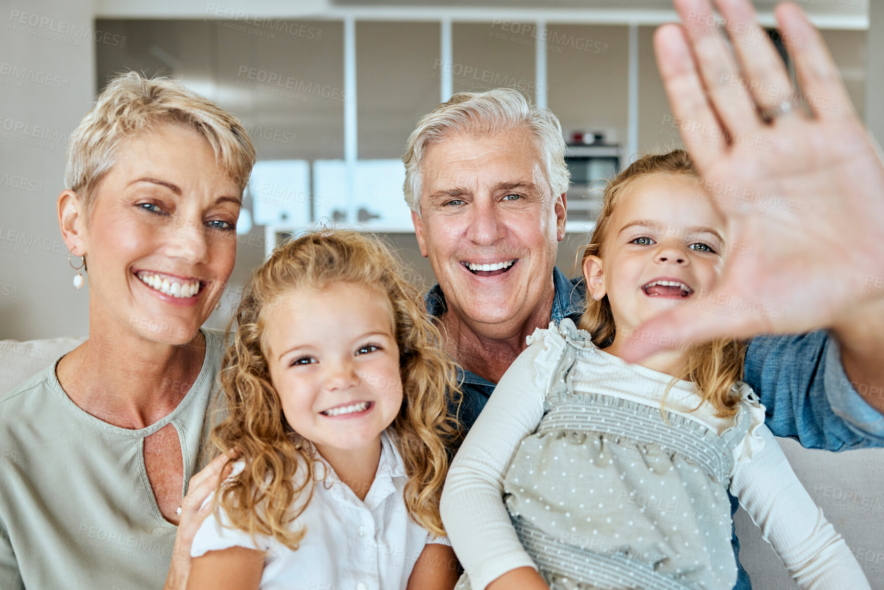 Buy stock photo Selfie, happy kids and portrait of grandparents in family home for care, love or support. Face, generations and picture of girls for photography, social media or memory of siblings laughing together