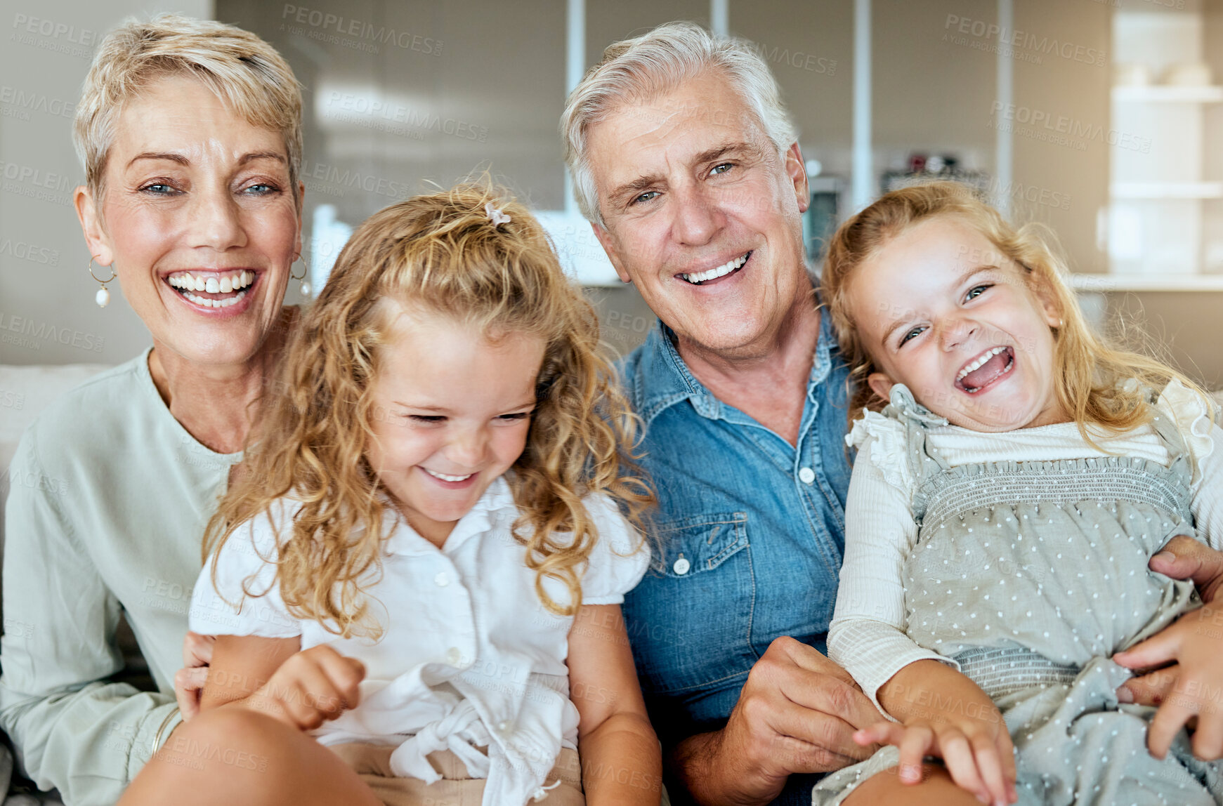 Buy stock photo Laugh, kids and portrait of grandparents in home for care, love or support. Face, grandma and grandfather with happy girls to relax in living room for family connection, generations and funny sisters