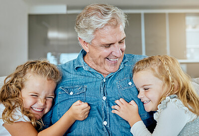 Buy stock photo Happy, grandfather and relax with children at house for family bonding, love and embrace of support together. Excited, senior man and girl with hug for security, trust and comic joke in living room