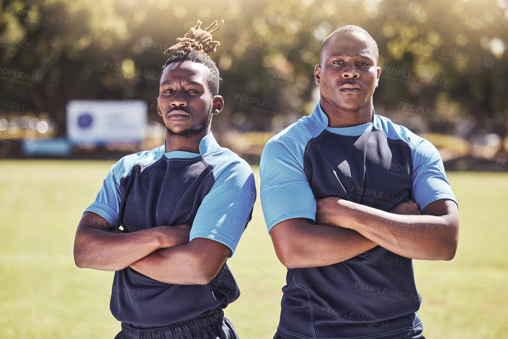 Buy stock photo Rugby, men and portrait of players with arms crossed, confidence and pride in winning game. Fitness, sports and teamwork with proud guys ready for match, workout or competition on field at club