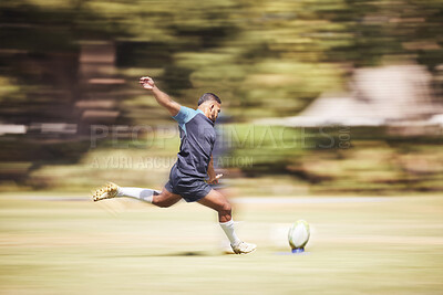 Buy stock photo Rugby, man and running on field for kick, target and performance with ball for cardio. Motion or action, athlete and playing game outdoor for fitness, exercise and training for future career in sport