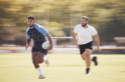 Buy stock photo Rugby, competition and men or running on field for sports, performance and ball for cardio. Motion or action, athlete and playing game outdoor for fitness, exercise and training for match and speed