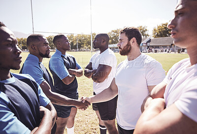 Buy stock photo Rugby, men and handshake of team with confidence, sportsmanship or pride in competitive game. Fitness, sports and teamwork, proud players ready for match, workout or tournament on field at club