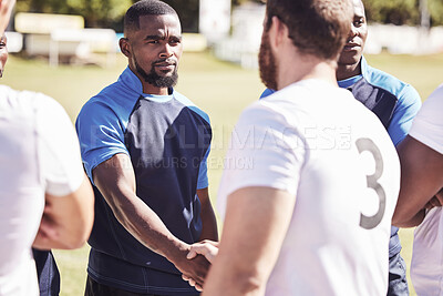 Buy stock photo Rugby, men and handshake of team with fitness, confidence and pride in competitive game. Opponent, sports and teamwork, proud players ready for match, workout or tournament on field at health club