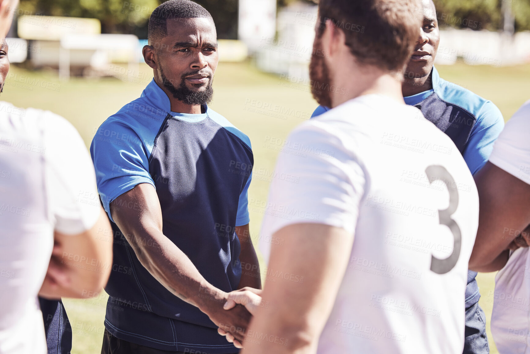 Buy stock photo Rugby, men and handshake of team with fitness, confidence and pride in competitive game. Opponent, sports and teamwork, proud players ready for match, workout or tournament on field at health club