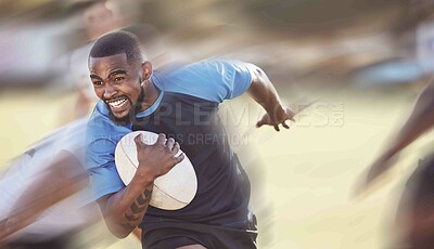 Buy stock photo Rugby, black man and running on field for sports, performance and competition with ball. Motion or action, athlete and playing game outdoor for fitness, exercise and training for speed and cardio