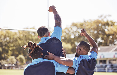 Buy stock photo Rugby, team and back with success on field with ball for winning score or touchdown, victory and achievement. Football, diversity and people with athletic celebration on grass, competition and game.