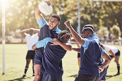 Buy stock photo Rugby, team and happy with celebration on grass with ball for winning score or touchdown, victory and achievement. Football, diversity and people with athletic success on field, competition and game.