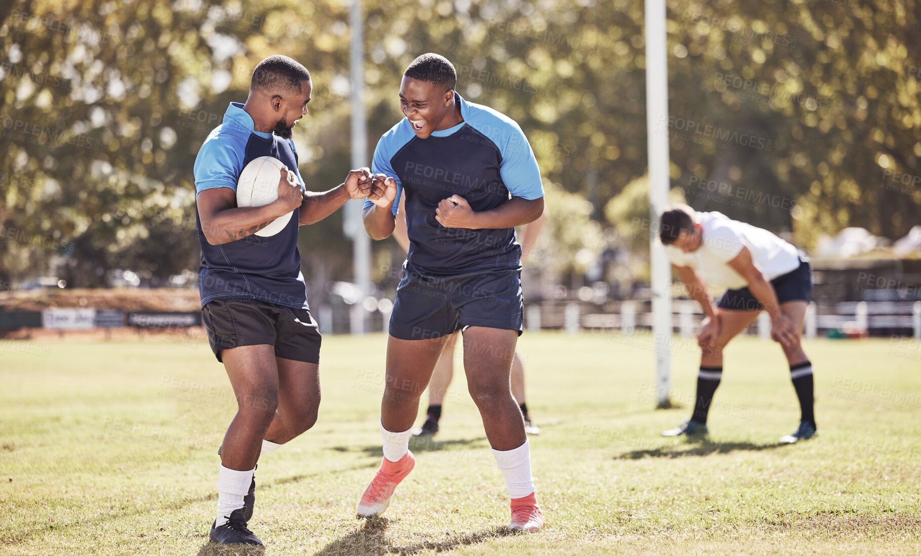 Buy stock photo Rugby, men and celebration for players with fist bump, score and happy in winning game. Fitness, sports and teamwork, proud guys excited for match, workout or competition on field at training club