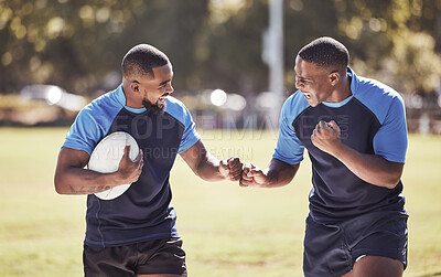 Buy stock photo Rugby, men and celebration for players with score, happiness and pride in winning game. Fitness, sports and teamwork, proud guys excited for match, workout or competition on field at training club