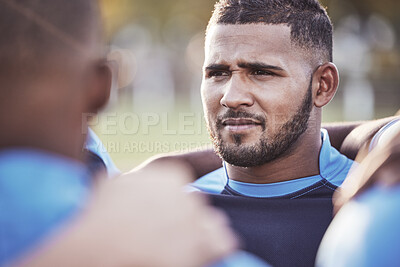 Buy stock photo Rugby, team and man in huddle for support, solidarity or motivation for competition. Sport athlete, player or group together for fitness, cooperation or thinking of planning strategy for game outdoor