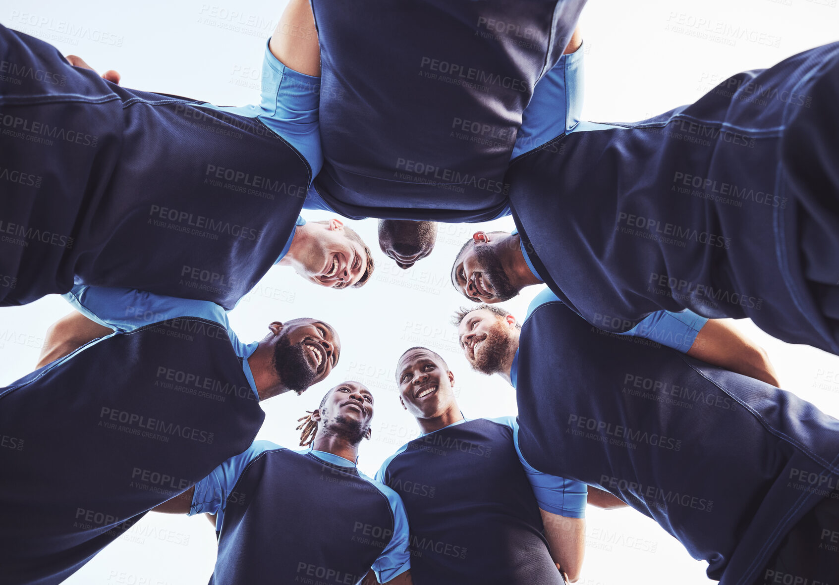 Buy stock photo Rugby, men and huddle of team with smile, motivation and pride in competitive game. Collaboration, sports and teamwork, below diverse players ready for match, workout or tournament on field at club