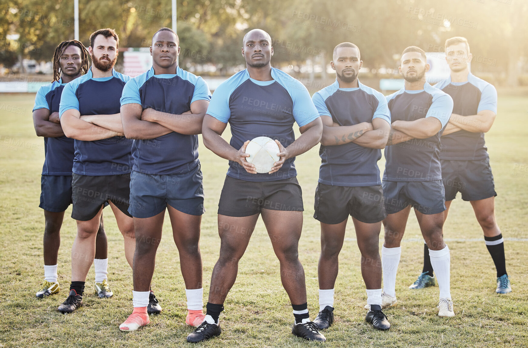 Buy stock photo Rugby, team and portrait on field for serious competition, match or sport training on lawn. Athlete back, professional and group with workout and arms crossed for game at club ready for battle