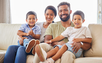 Buy stock photo Happy, family and portrait on sofa for love, support and trust in living room. Mother, father and kids on couch for relationship development, weekend relax and security at home for care with smile