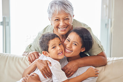 Buy stock photo Portrait, mother and boy with grandma, bonding and hug of affection of child, lounge or family in home House, care and old woman with daughter and grandson in living room, smile or happy with embrace