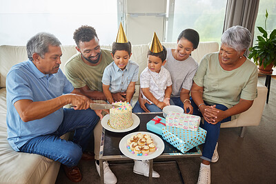 Buy stock photo Family, knife and birthday cake with party on sofa for bonding, support and people at fun home event. Grandparents, parents and children for growth, celebration and happy with gift in living room