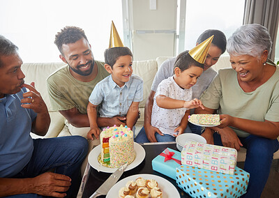 Buy stock photo Family, eating and birthday cake with party on sofa for bonding, support and people at fun home event. Grandparents, parents and children for growth, celebration and happy with gift in living room