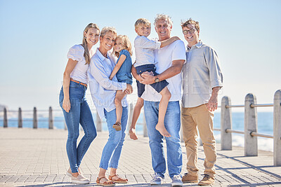 Buy stock photo Family, portrait and grandparents hug in outdoor, promenade and trip for support in nature. Parents, generations and children for embrace on vacation, bonding and holiday for seaside freedom travel