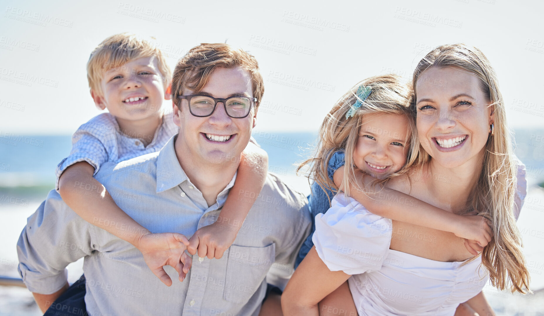 Buy stock photo Family, piggyback and portrait in outdoor on vacation, bonding and carrying game on holiday. Parents, children and travel for freedom on promenade, nature and support on adventure and happiness