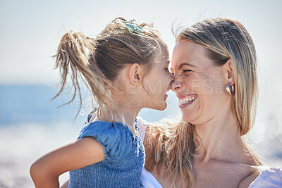 Buy stock photo Mother, girl and nose playing at beach, outdoor vacation and happiness for security in connection. Mommy, daughter and embrace for support in relationship, holiday and travel to ocean for bonding