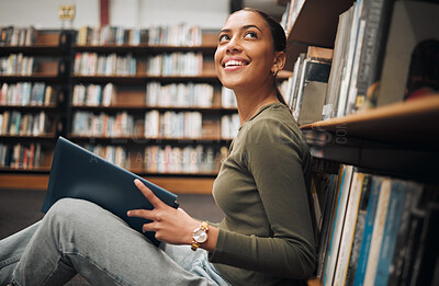 Buy stock photo Student, thinking and reading books library floor for knowledge, college education and research planning. University bookshop, young girl learning and happy vision for  scholarship or study for exam