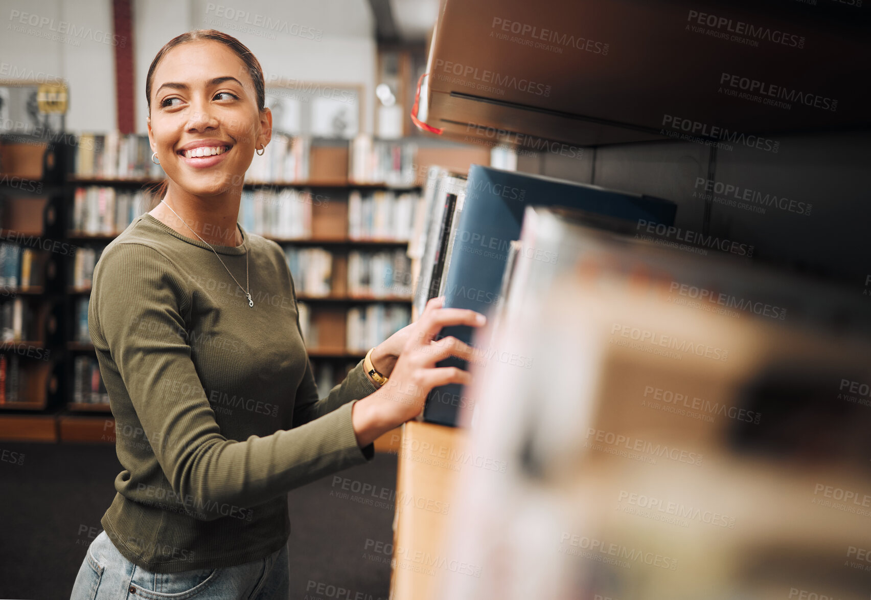 Buy stock photo Student woman, search bookshelf and library for study, research and knowledge at university. College student, information and studying for education, college and learning for scholarship in Atlanta